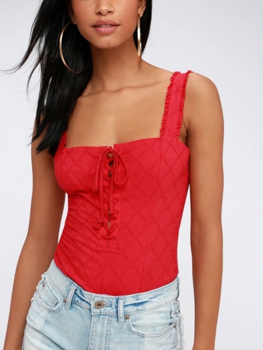 NEW Free People‎ Make Me Up Red Eyelet Lace-Up Bodysuit